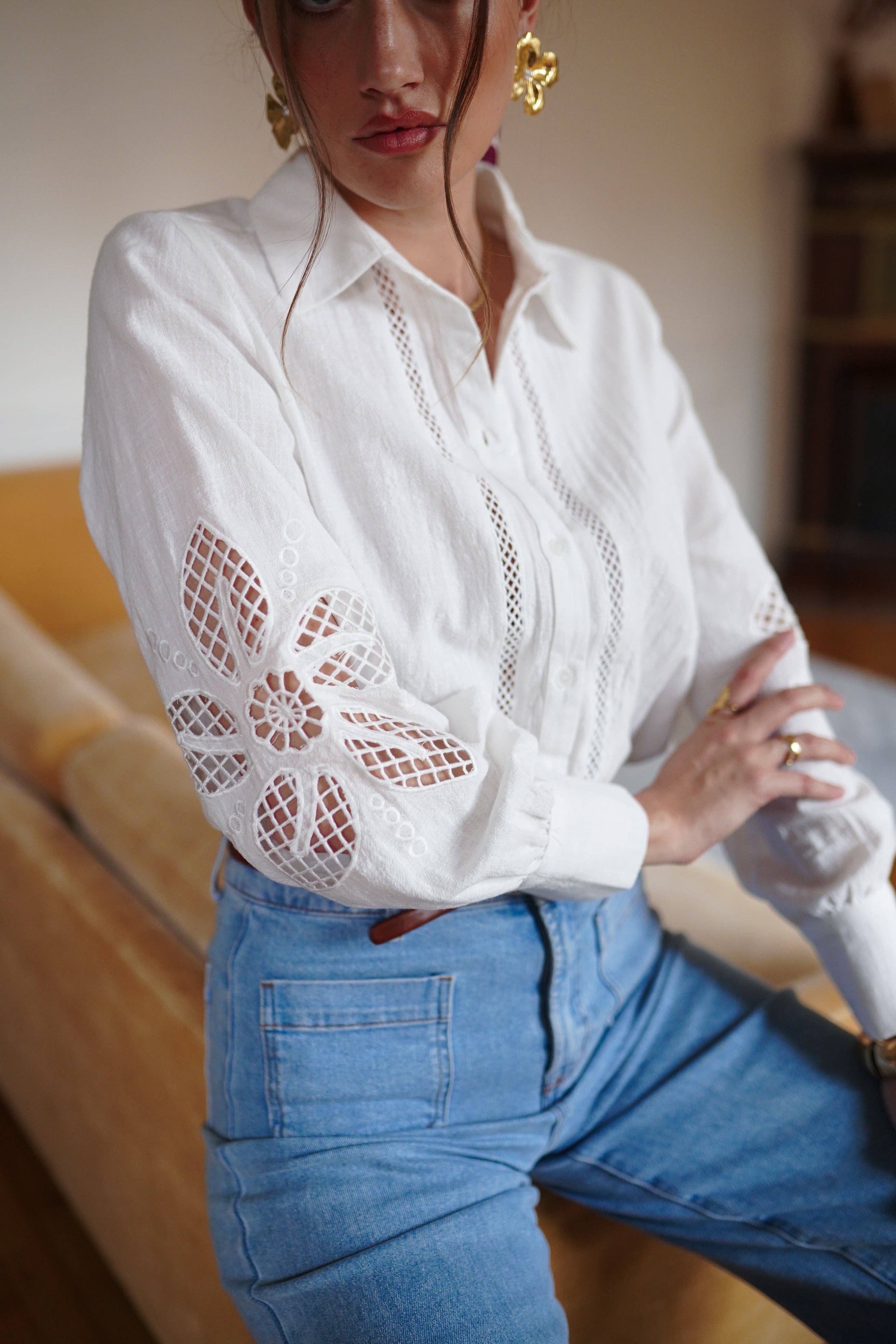 Camisa blanca de algodón calado de IN APRIL 1986