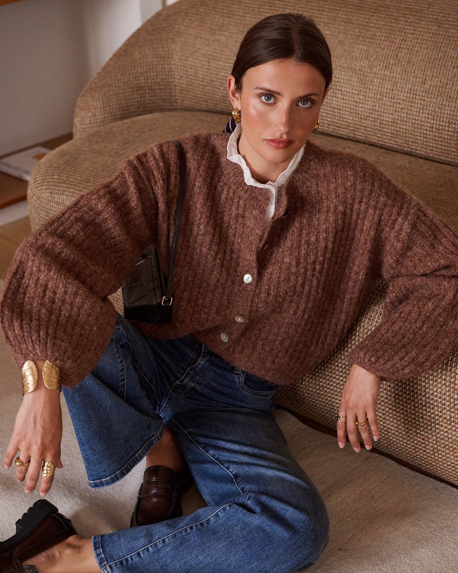 Cárdigan camel de punto acanalado para mujer · MHOSS Oviedo