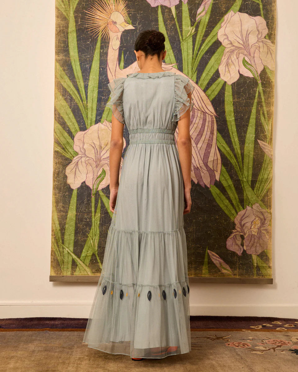 Vestido tul bordado azul