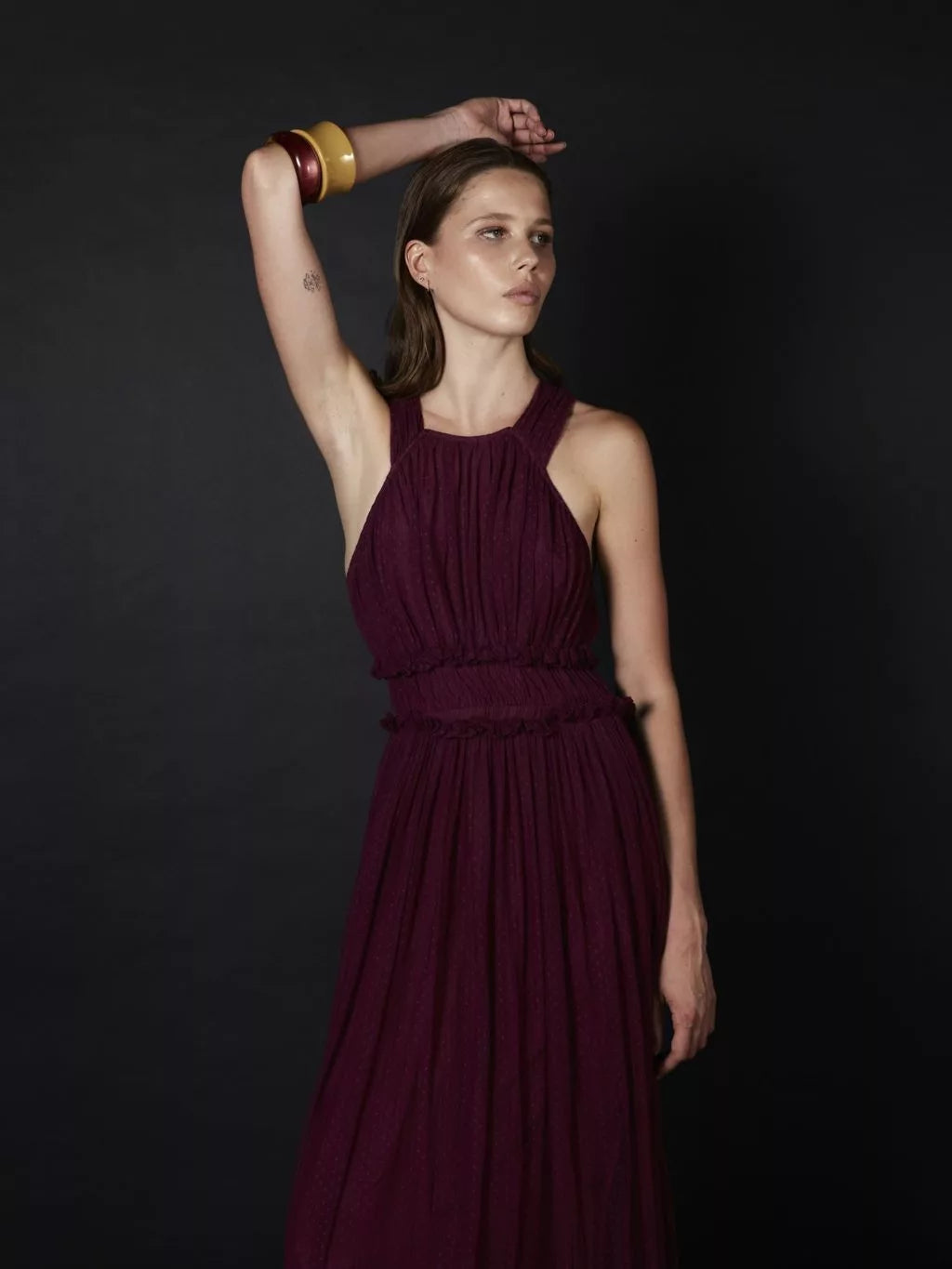 Plumeti eggplant tulle midi dress