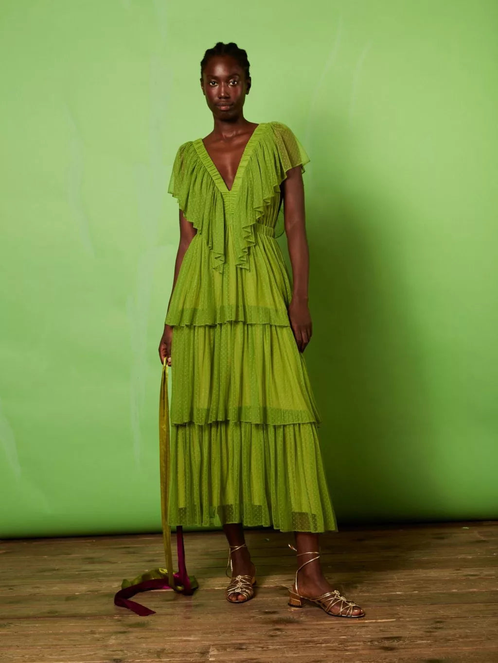 Vestido midi tul verde plumeti