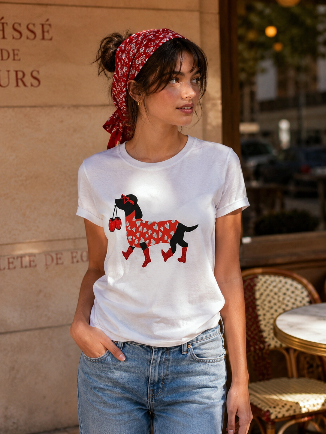 Camiseta blanca de algodón con estampado de perrito y cerezas