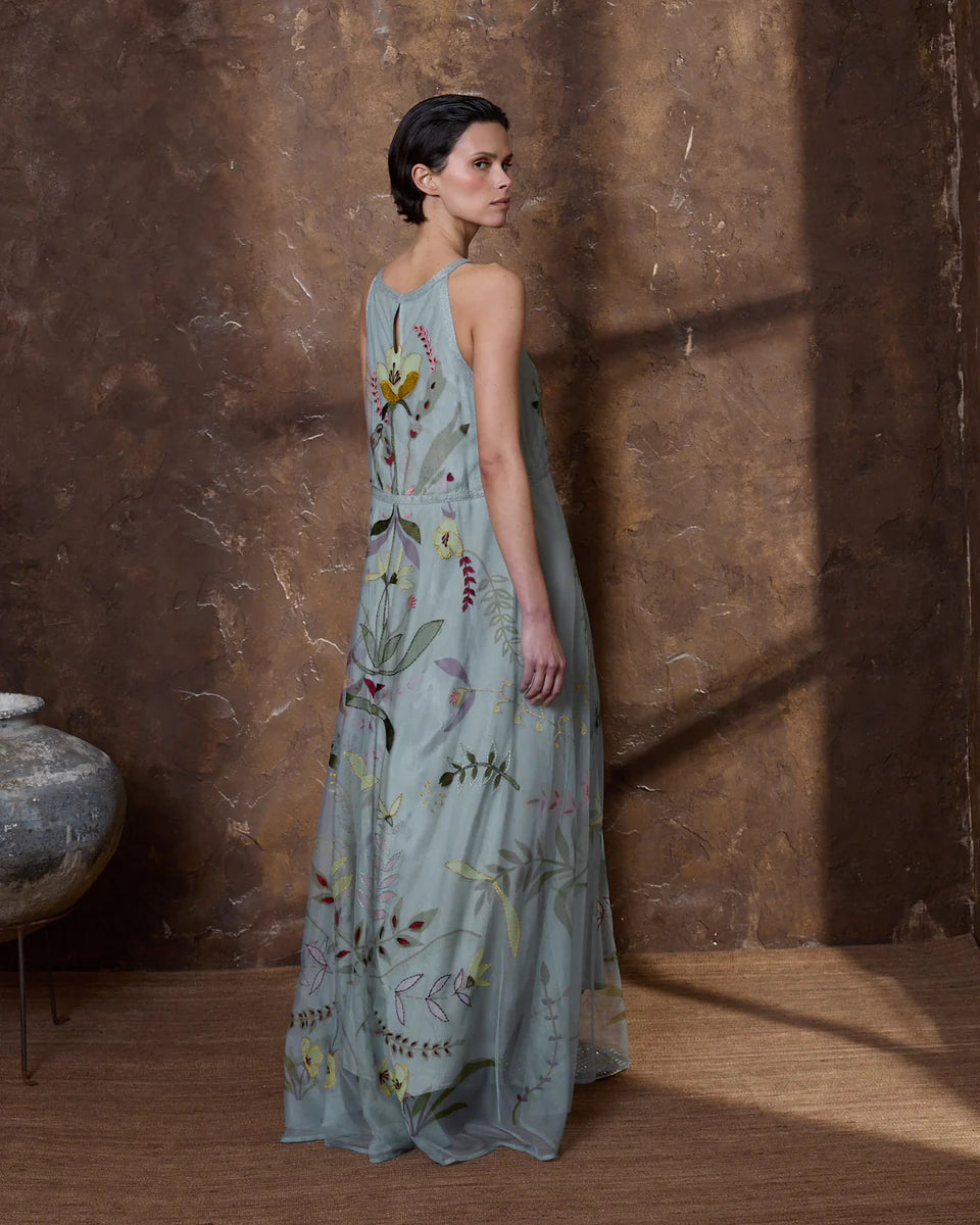 Vestido largo tul bordado gris azulado