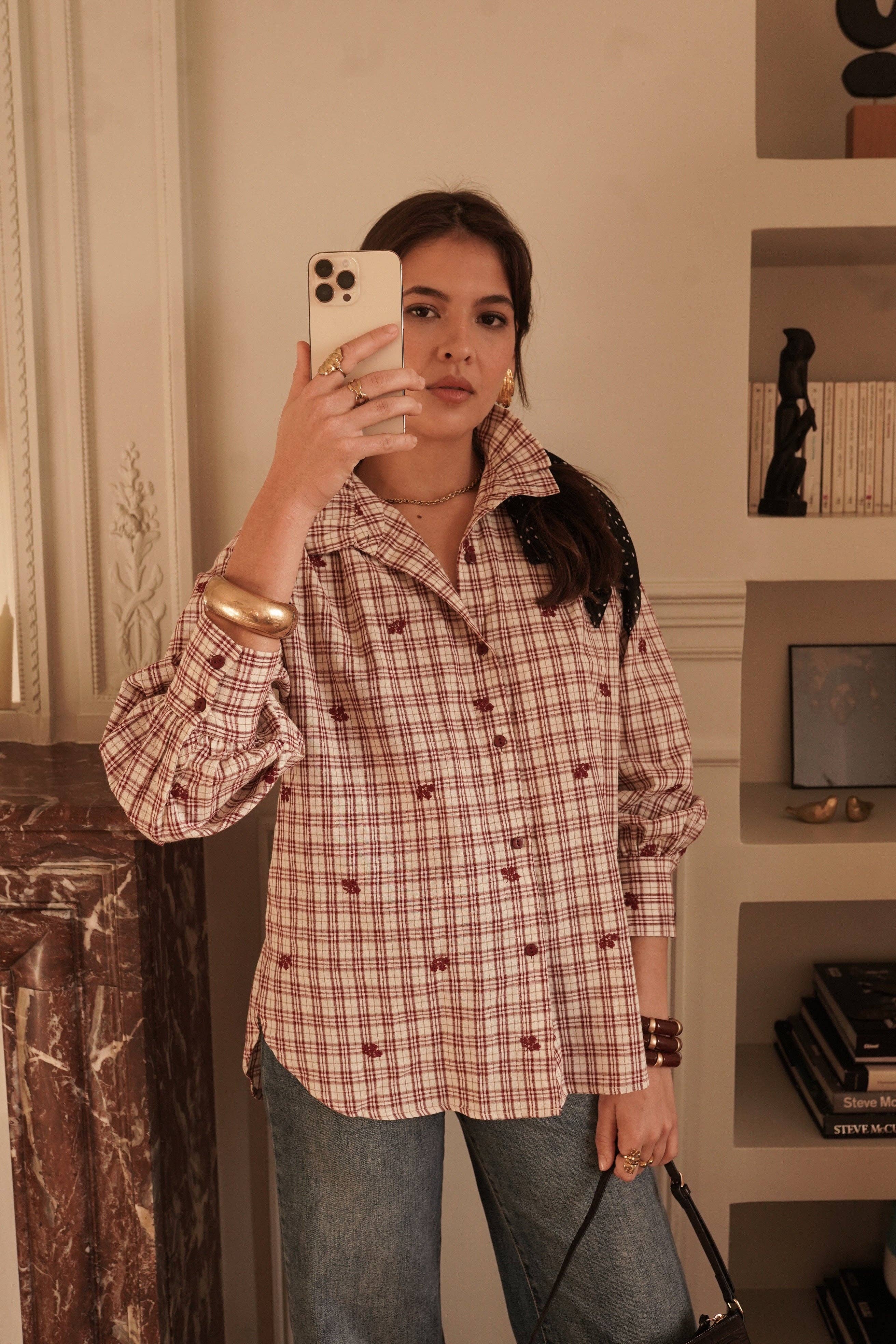 Camisa rosa viejo de cuadros Alba, detalles bordados · MHOSS