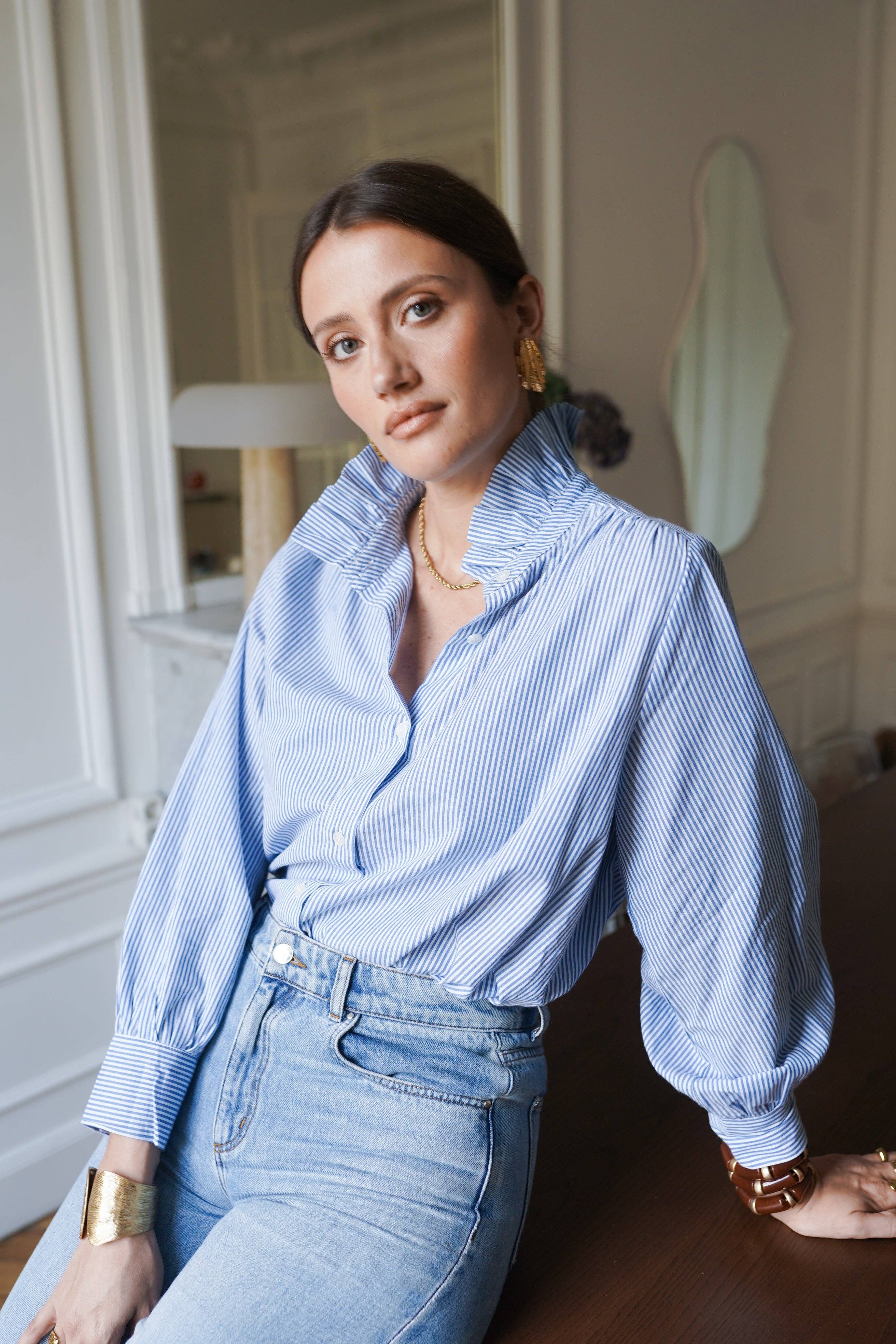 Camisa de rayas finas azul y blanco para mujer · MHOSS Oviedo