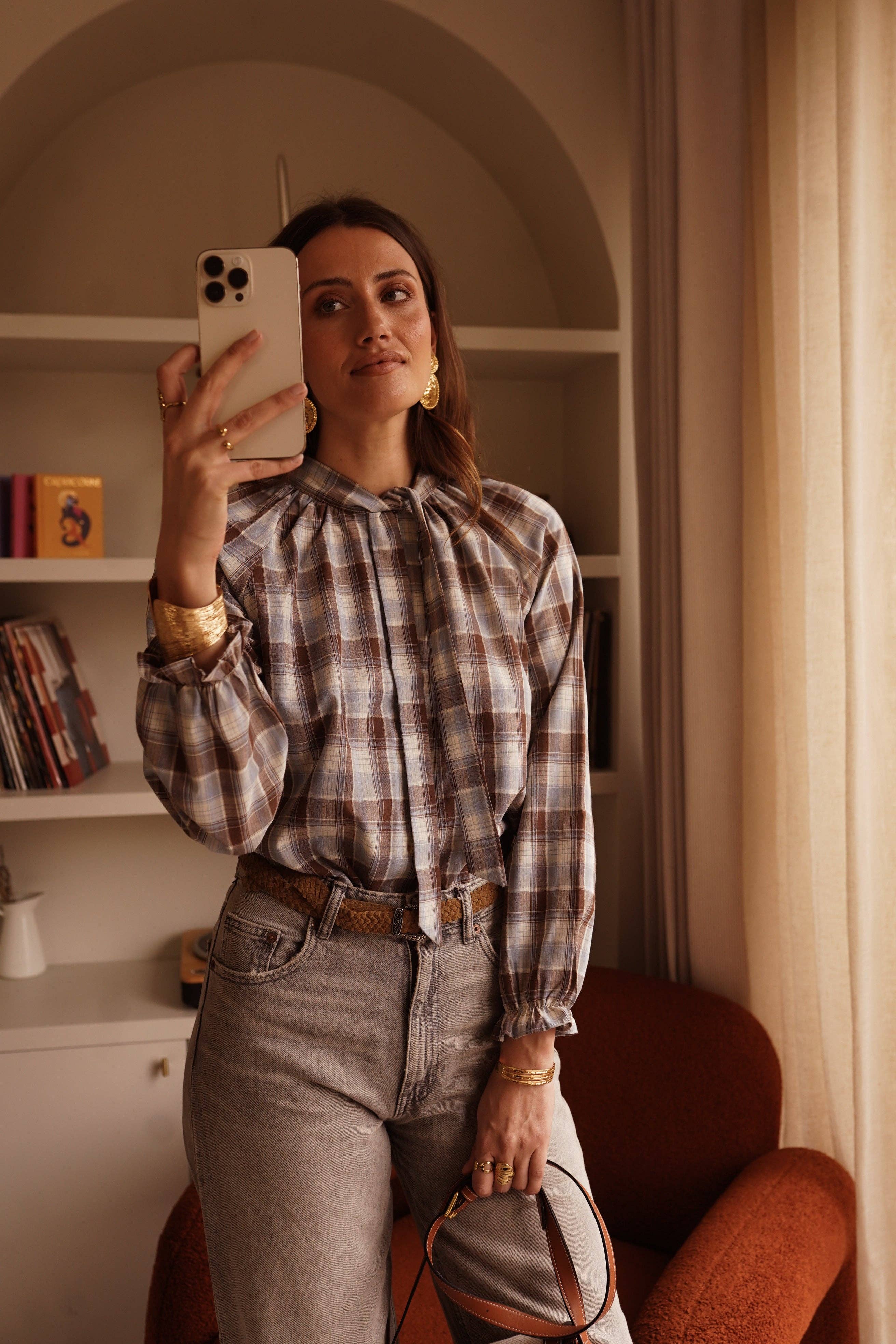 Camisa de algodón de cuadros marrón y beige de mujer Isandro · MHOSS Oviedo