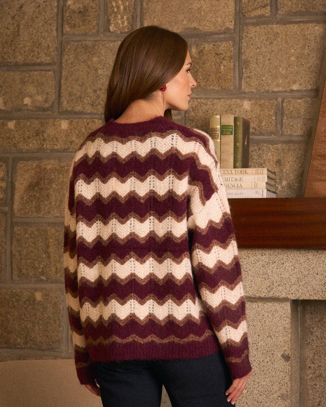 Jersey de punto burdeos y beige, elegido a mano en MHOSS