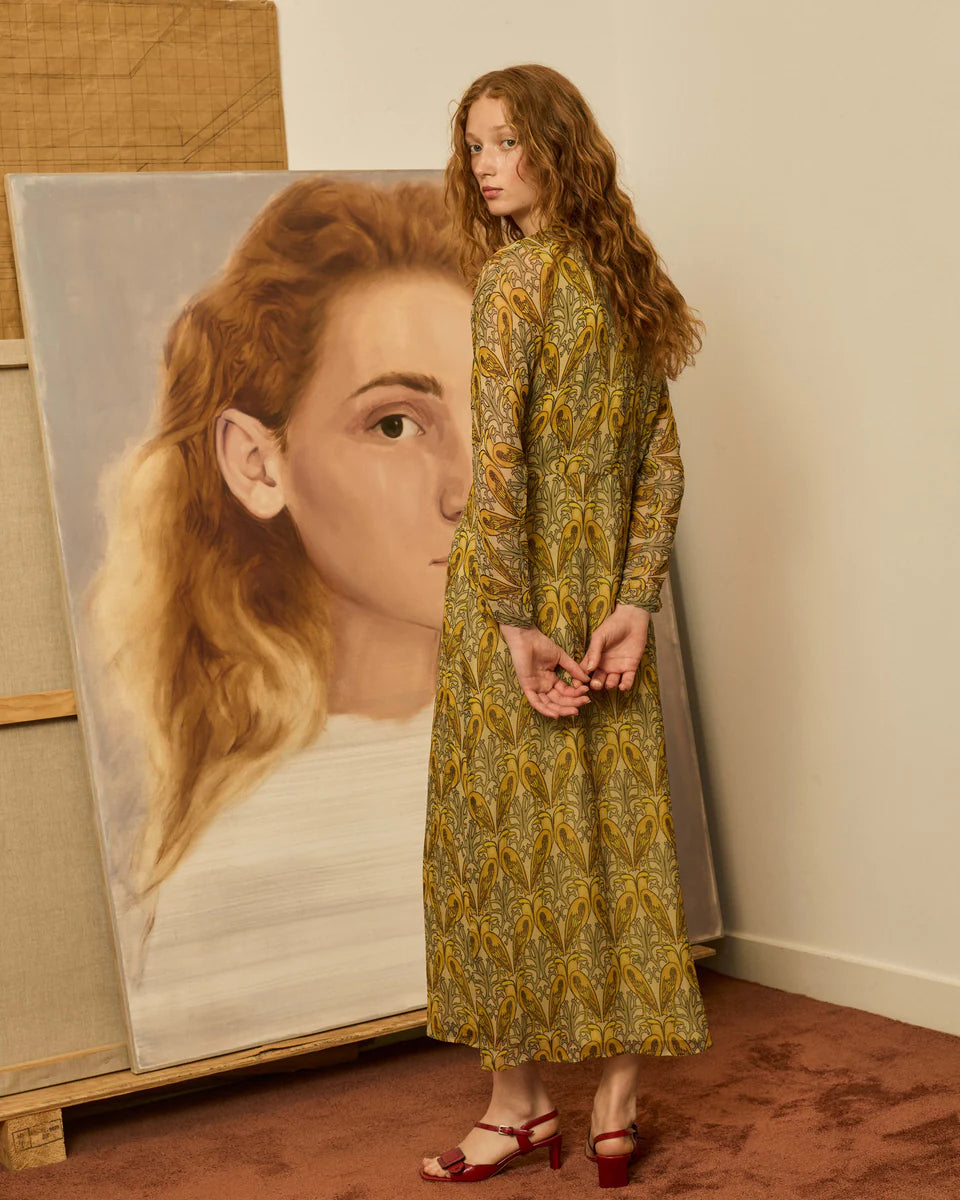 Vestido midi pájaros mostaza