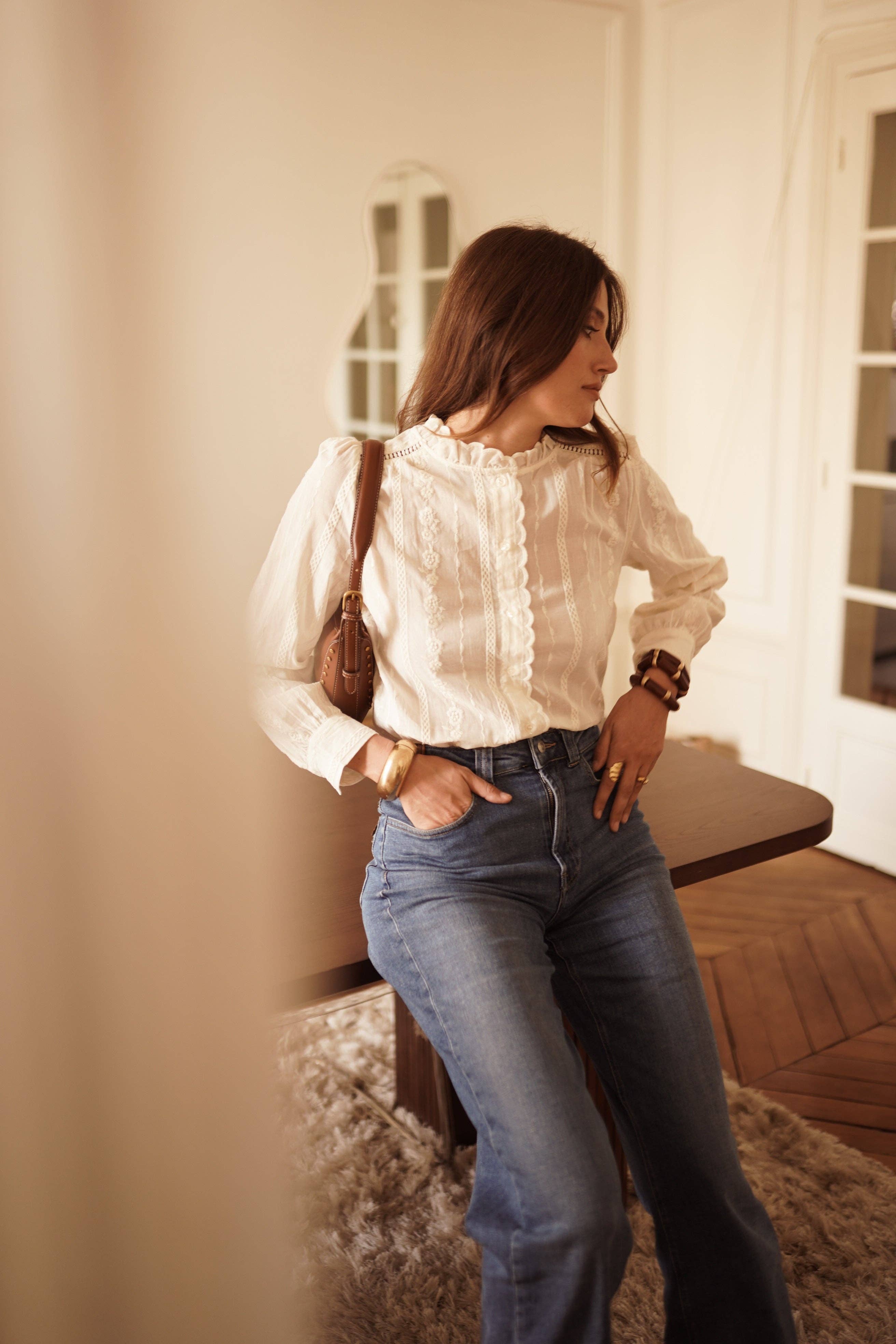Camisa beige con bandas de encaje para mujer, talla M/L
