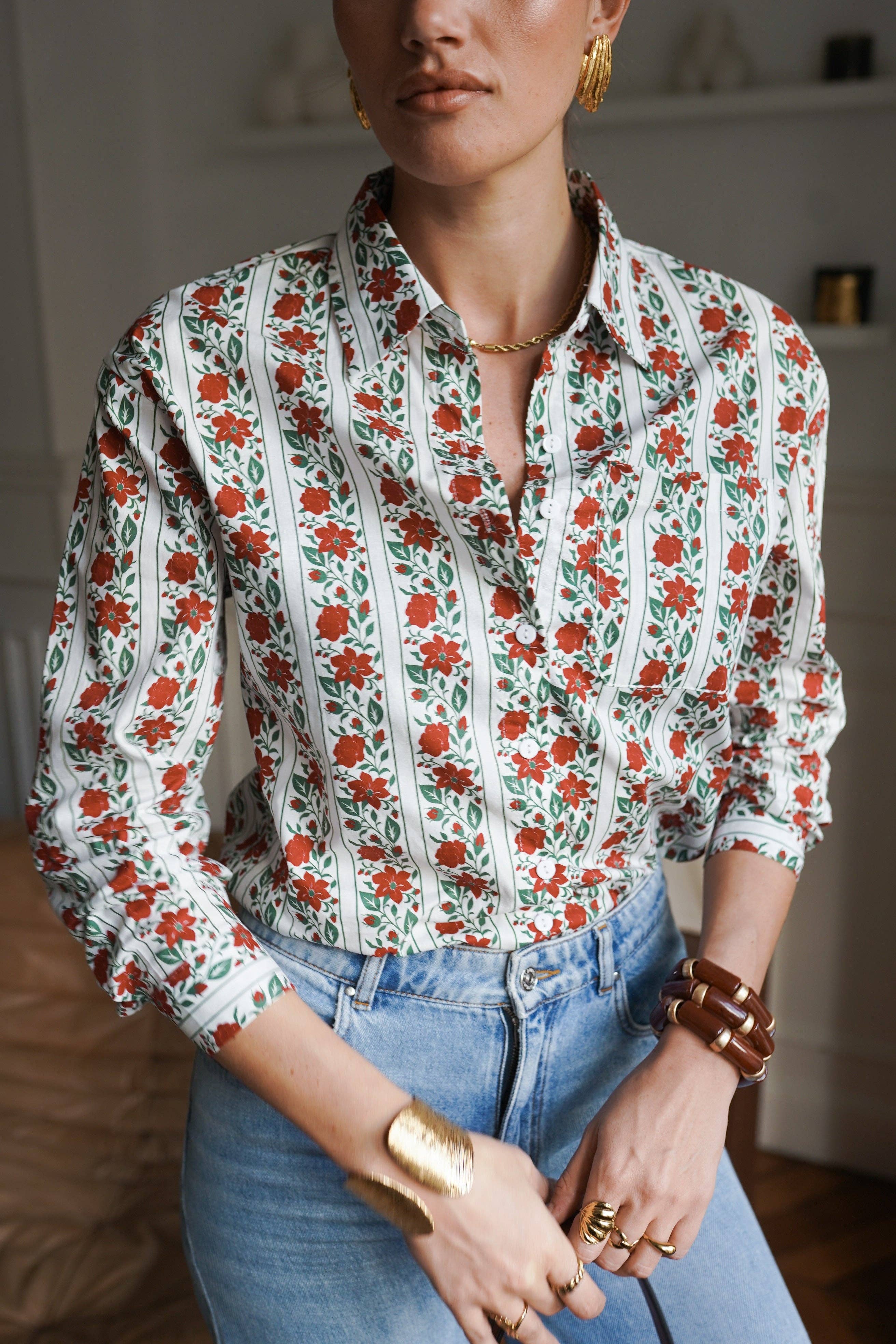 Camisa de flores de manga larga, elegida a mano en MHOSS