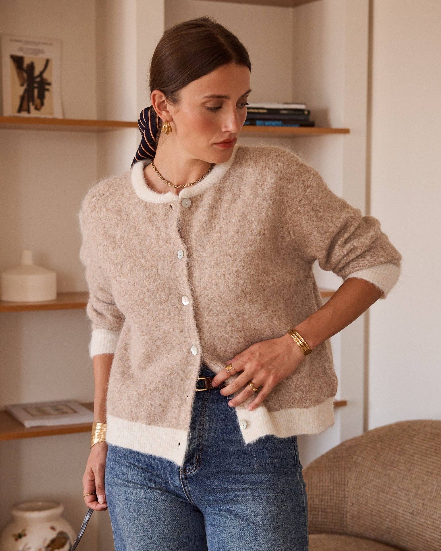 Cárdigan beige de corte recto holgado, talla única