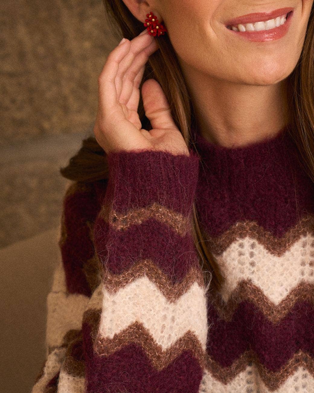 Jersey de cuello redondo con estampado en zigzag para mujer