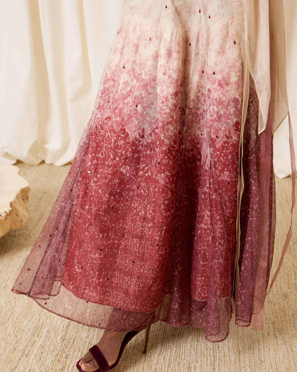 Falda de tul con florecitas teja