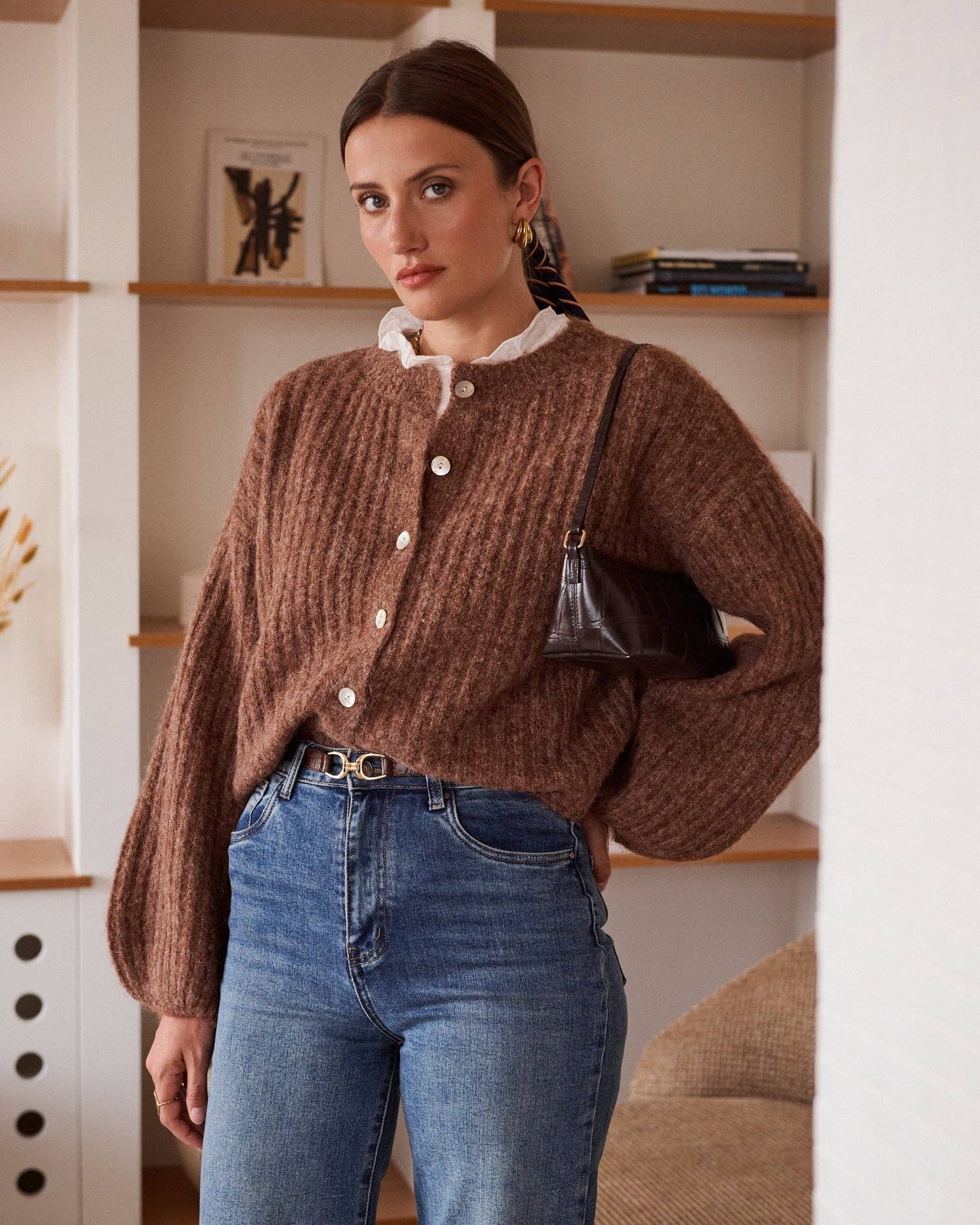 Cárdigan camel de corte recto amplio, talla única
