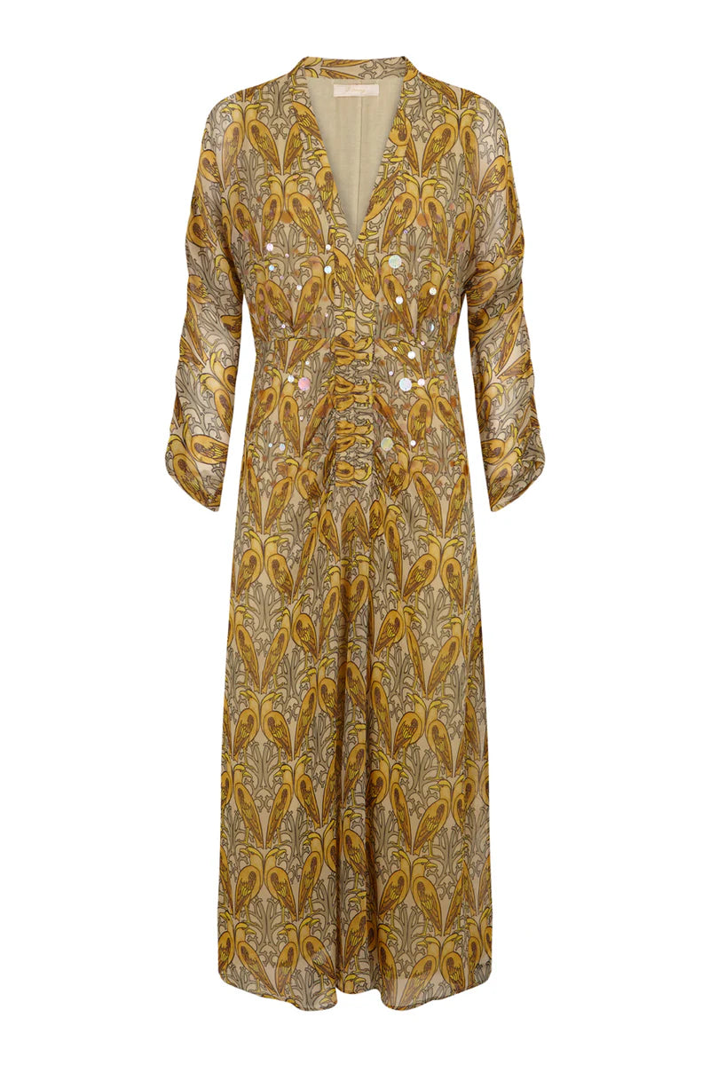 Vestido midi pájaros mostaza
