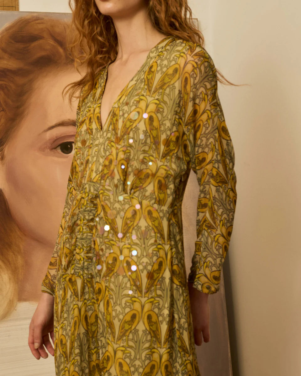 Vestido midi pájaros mostaza