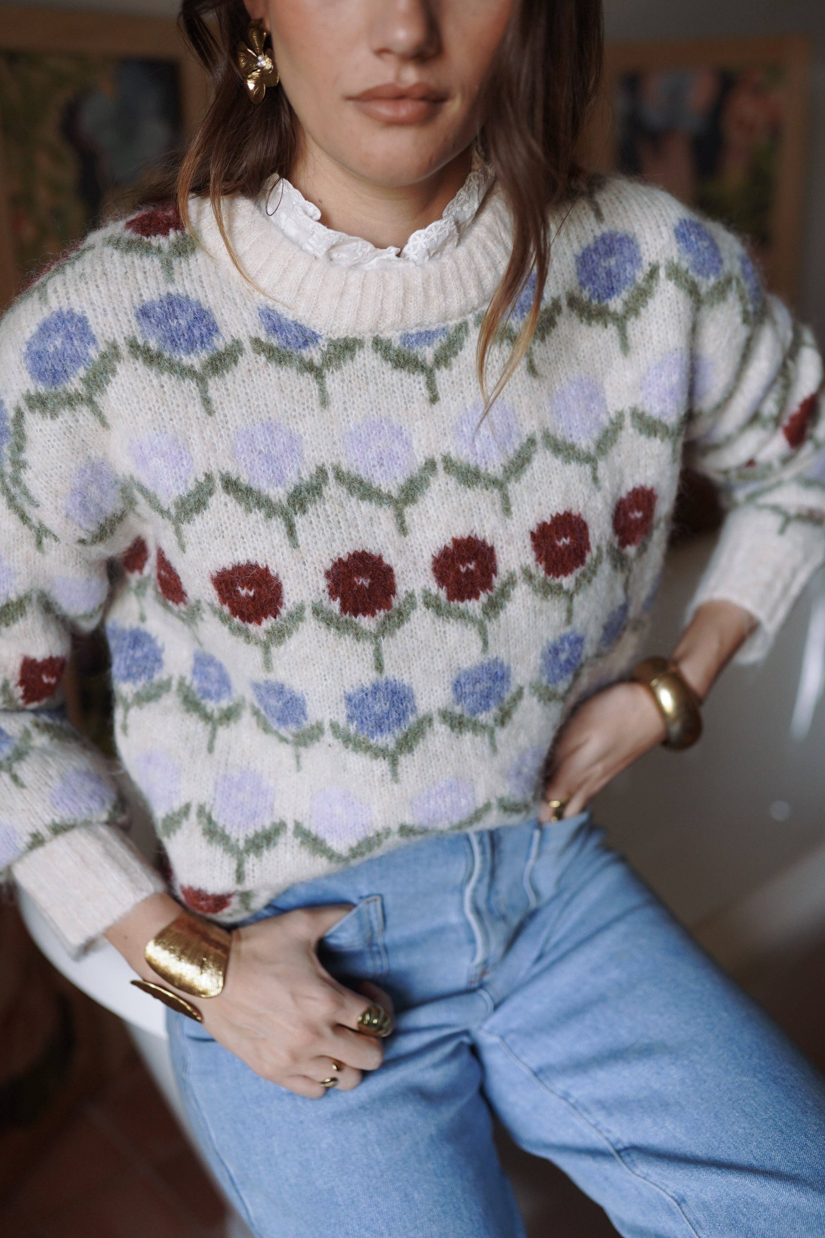 Jerséy de punto con flores jacquard multicolor para mujer